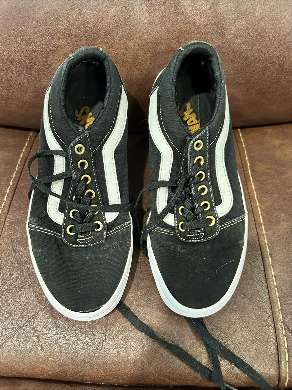 Vans Black Canvas Sneakers with White Side Stripe GOLD eyelets rare women's 8